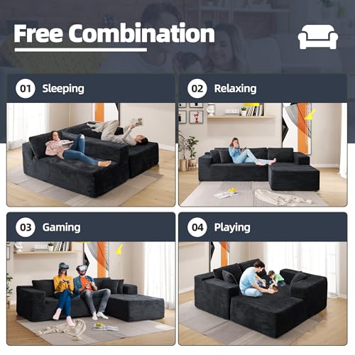 106" Cloud Sectional Couch with Chaise Lounge, L-Shape Modular Sectional Boneless Sofa with Deep Seat, Upholstered Couches for Living Room Bedroom, No Assemble, Black (Plush Corduroy Fabric)