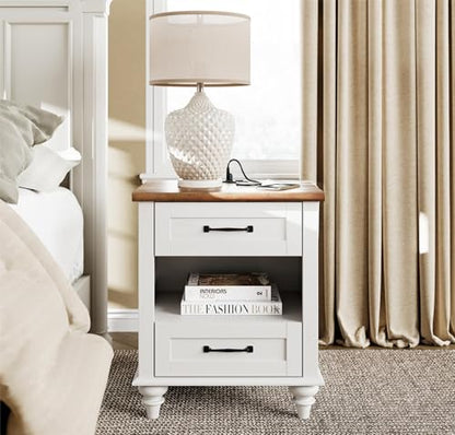 White Side Table with 2 Drawers & Charging Station, Mid Century Nightstand for Bedroom with Power Outlets & USB Ports, Wooden Bedside Table Night Stand with Shelf for Living Room, Antique White