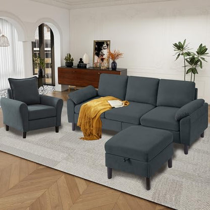 79" Convertible Sectional Sofa Set, Modern Linen Small L Shaped Couch with Reversible Ottoman and Accent Chair, 3-Seat Sofa Couches for Living Room, Office, Apartment, Dark Grey