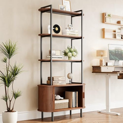 4 Tier Bookshelf with Cabinet, 71" Tall Display Bookcase Walnut, view 4