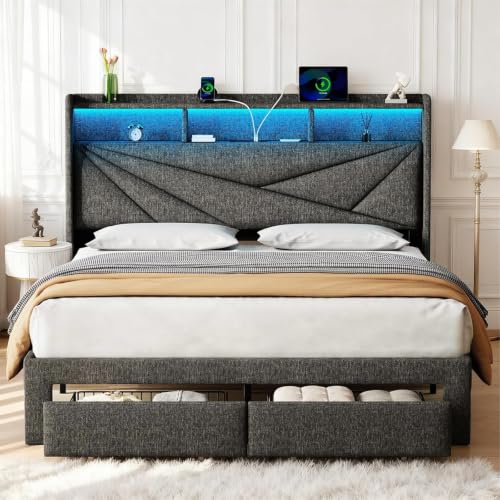 King Size Bed Frame with 2 Storage Drawers, Upholstered Headboard, LED Light, view 2
