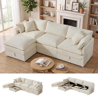 Modular Sectional Sofa with Storage Ottomans,102" L-Shaped Cloud Couch,Comfy Modern Couches with Pillows & Upholstered Deep Seat Cushion for Apartment Living Room Bedroom（Beige）
