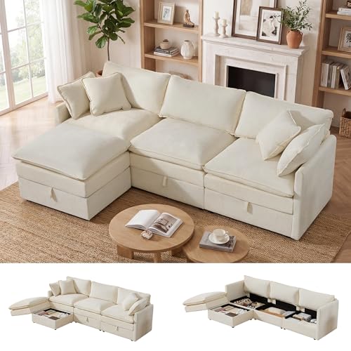 Modular Sectional Sofa with Storage Ottomans,102" L-Shaped Cloud Couch,Comfy Modern Couches with Pillows & Upholstered Deep Seat Cushion for Apartment Living Room Bedroom（Beige）