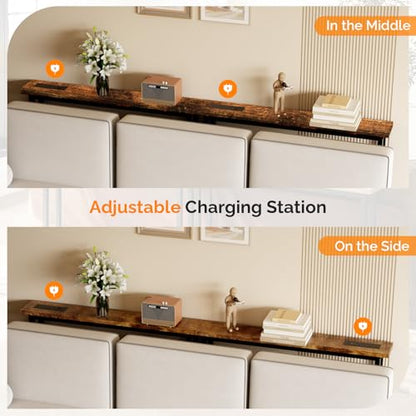 79" Console Table with Power Outlet, 5.9" Narrow Sofa Table Set of 2, Entryway Table with Charging Station & 4.9 Ft Extension Cord & Adjustable Feet, for Living Room, Hallway, Rustic Brown