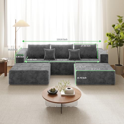 110" U Shaped Sectional Sofa with 2 Ottomans, Modular Corduroy Boneless Cloud Couch, Oversized Deep Seat Sofa for Living Room, Flexible Combination Design, No Assembly Required