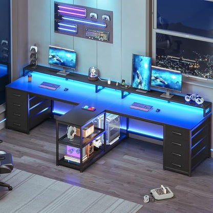 94.5" 2 Person Gaming Desk, Long Office Computer Desk with 8 Drawers & LED Light, Two Person Desk with Storage, Power Strip & Monitor Shelf for Home Office, Black