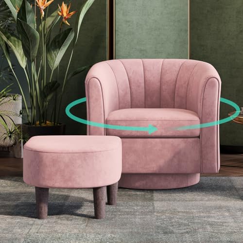 Swivel Accent Chair Ottoman Set: Velvet Small Barrel Chair with Foot Rest, Modern Reading Chair Upholstered Armchair with Footrest for Living Room Bedroom Study Room Office (Pink)