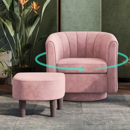 Swivel Accent Chair Ottoman Set: Velvet Small Barrel Chair with Foot Rest, Modern Reading Chair Upholstered Armchair with Footrest for Living Room Bedroom Study Room Office (Pink)