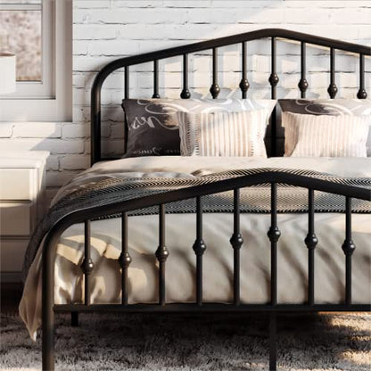 Full Size Metal Bed Frame with Wrought Iron-Art Headboard, Black, view 2