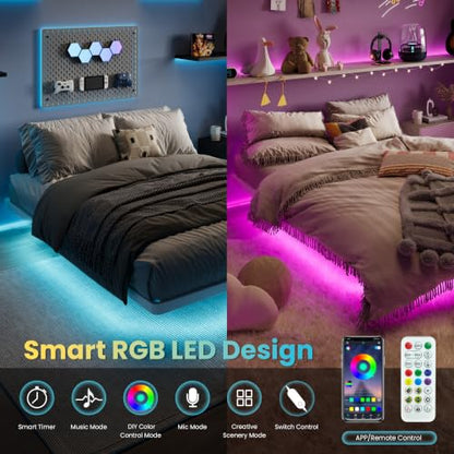 Full Size Floating Bed Frame with Smart LED Lights, White, view 4
