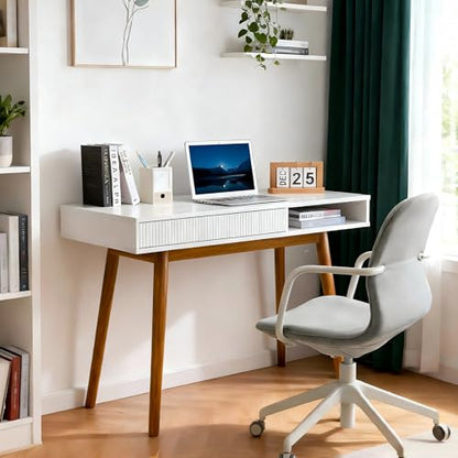 White Wood Desk with Drawer, 42" Mid Century Modern Writing Desk, view 3