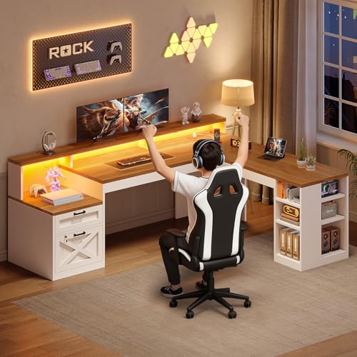 L Shaped Desk with 2 Drawers, 65"x 59" Large Home Office Desk with Lockable File Drawer & Power Strip, Corner Desk with Storage & LED Strip, White + Brown