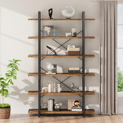 6 Shelf Tall Bookcase, Industrial Modern Large 6 Tier Bookshelf, Open Wood and Metal Display & Storage Rack,Farmhouse Bookcases and Book Shelves 6 Shelf for Bedroom Living Room Office,Rustic Brown