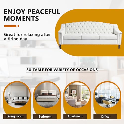 Mid-Century Modern Velvet Sofa, 80" Large Upholstered Sofa with High Back, Chesterfield Couch Sleeper Settee with Solid Wood Legs, Tufted 3 Seater Wide Couches for Living Room Office (White)