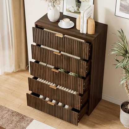 Walnut Dresser for Bedroom, Tall Dresser with 5 Drawers and Smooth Slides, view 5