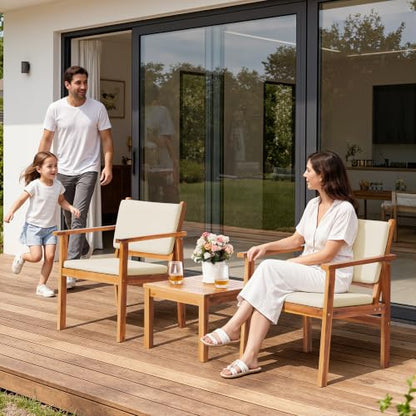 Patio Chairs 3 Piece Acacia Wood Patio Furniture with Coffee Table & Cushions Outdoor Conversation Set Balcony Chairs for Porch, Deck, Backyard
