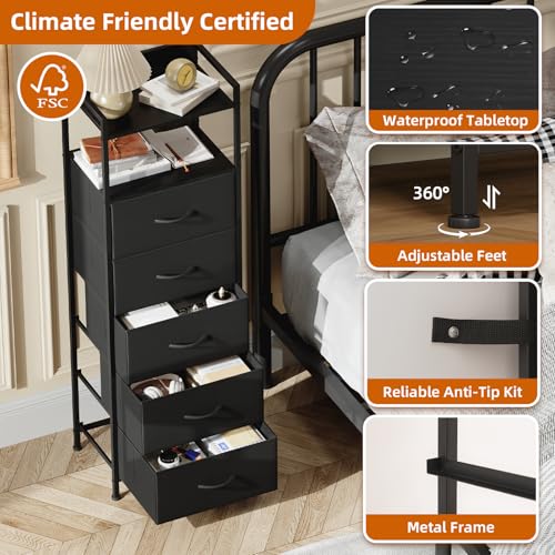 Tall Dresser for Bedroom, 5 Drawers Nightstand Vertical Storage Tower Unit, Night Stand Furniture with Fabric Drawer Organizer in Bedside Hallway, Entryway, Kids Room, Closet, Black