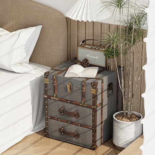 Vintage Storage Chest with Buckle Hinged Top, Linen Accent End Side Table for Living Room, Office, Bedroom, Rectangle, Grey