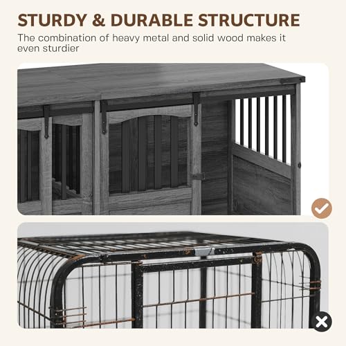 72" Double Dog Crate Furniture, Extra Large Dog Kennel with Barn, view 7