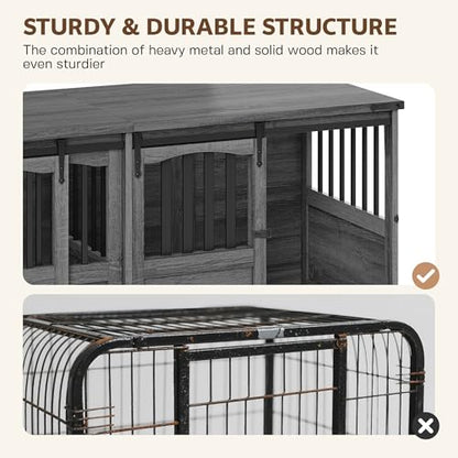 72" Double Dog Crate Furniture, Extra Large Dog Kennel with Barn, view 7