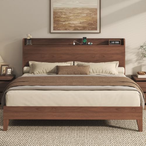 King Size Bed Frame with Storage Headboard & Charging Station, Walnut, view 2