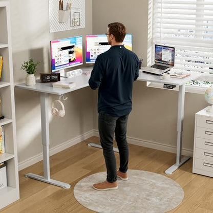 63 x 55 Inch L Shaped Standing Desk with 2 Preset Heights, Electric Height Adjustable Computer Table, 2 Hooks & Feet Balance, Corner Sit Stand Desk for Home Office (White, 63 x 55 Inch)