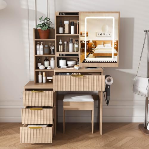 Fluted Makeup Vanity, Small Vanity Desk with Mirror and Lights, Charging Station, view 2