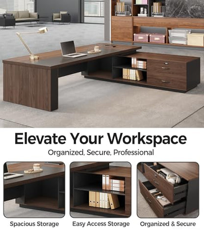 63" Reversible L-Shaped Executive Desk with Drawers – Compact Office Computer Desk with Open Shelves, LED Lighting, Built-in Outlet & USB Ports for Home, Office, School (63" W x 63" D x 30" H)