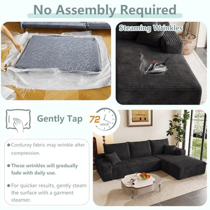 Modular Sectional Sofa Cloud Sectional Couch, 95" Comfy Fluffy L-Shaped Couches for Living Room, Deep Seat Memory Foam Plush Corduroy Boneless Couch Sectionals No Assembly (Black,Right-Facing Chaise)
