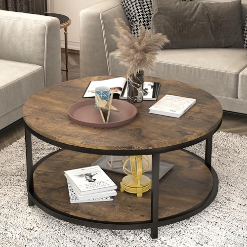 36 inches Round Coffee Table, Rustic Wooden Surface Top & Sturdy Metal Legs Industrial Sofa Table for Living Room Modern Design Home Furniture with Storage Open Shelf (Brown)