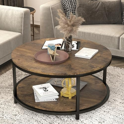 36 inches Round Coffee Table, Rustic Wooden Surface Top & Sturdy Metal Legs Industrial Sofa Table for Living Room Modern Design Home Furniture with Storage Open Shelf (Brown)