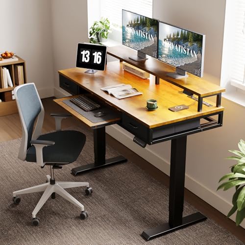 55 Inch Standing Desk with Drawers & Keyboard Tray, Rustic Brown, view 3