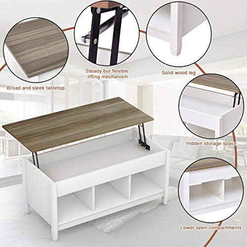 Lift Top Coffee Table, Wood Cocktail Table w/Hidden Compartment & Lower Storage Shelves, Wood Laptop Table, Lift Tabletop Home Furniture for Living Room, Guest Room, Office, White
