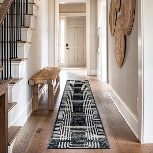 Black and White Geometric Area Rug – Abstract Curved Line and Square Pattern Carpet for Living Room, Bedroom, or Office – Contemporary Soft Floor Décor 2' 3" x 8' Runner Black
