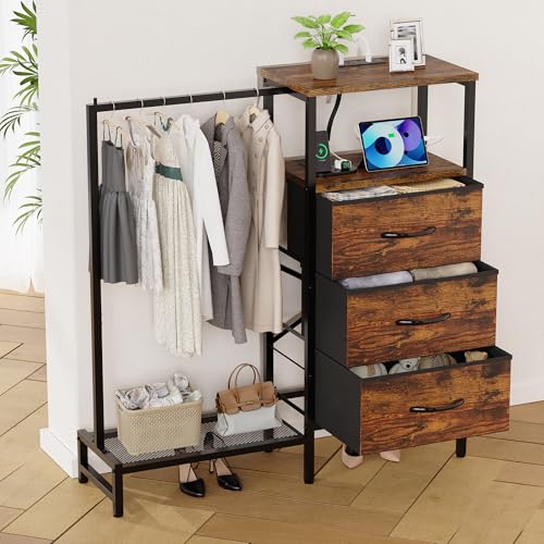 Dresser for Bedroom with Hanging Rack, 3 Drawers Closet with Charging Station, view 3