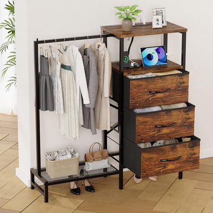 Dresser for Bedroom with Hanging Rack, 3 Drawers Closet with Charging Station, view 3