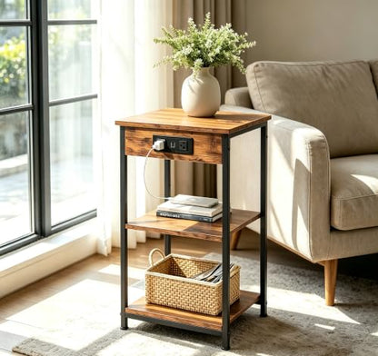 End Table with Charging Station, Small Night Stand with Storage Adjustable Shelf, Side Tables for Small Spaces, Bedside Tables for Living Room, Bedroom, Rustic Brown