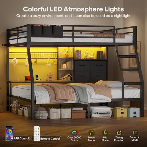 Full Over Full Bunk Beds with 4 Storage Drawers & Shelves & Bedside Caddy, Bunk Bed with Charging Station & LED Lights, Full Size Bunk Bed with Safety Guardrail & Angled Ladder, Black & Grey