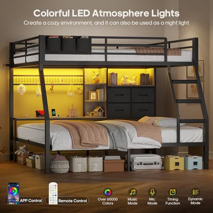 Full Over Full Bunk Beds with 4 Storage Drawers & Shelves & Bedside Caddy, Bunk Bed with Charging Station & LED Lights, Full Size Bunk Bed with Safety Guardrail & Angled Ladder, Black & Grey