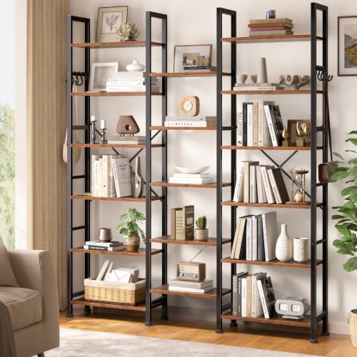 Triple Column Rustic Bookshelf with Hooks and Shelves, view 3