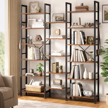 Triple Column Rustic Bookshelf with Hooks and Shelves, view 3