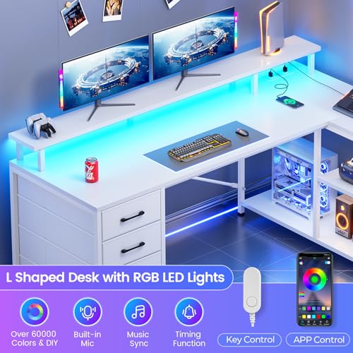 L Shaped Gaming Desk with 4 Drawers, Shelves, Power Outlets, White, view 6