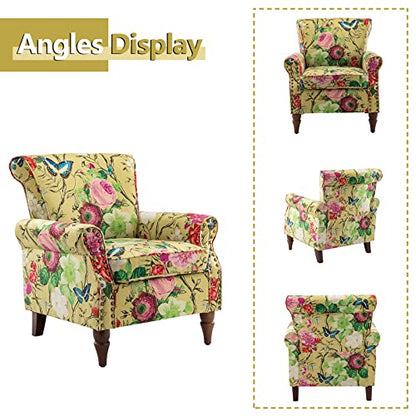 Modern Wingback Accent Chair with Wood Legs & Removable Cushion, Comfy Upholstered Armchair with Nailhead Trim, Floral Pattern Single Sofa Chair for Living Room Bedroom, Mustard