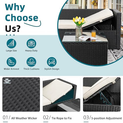 3 Piece Patio Furniture Set, Outdoor PE Rattan Sectional Sofa Set with Ottoman, Detachable Cushions and Glass Coffee Table, Patio Conversation Set for Backyard Balcony Porch, Black/White