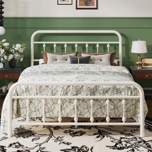 Full Metal Bed Frame with Victorian Iron-Art Headboard, Cream, view 2
