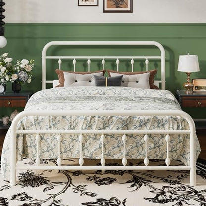 Full Metal Bed Frame with Victorian Iron-Art Headboard, Cream, view 2