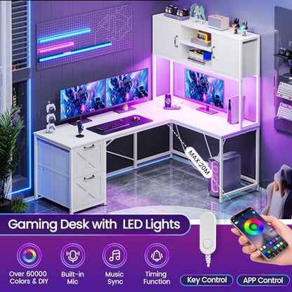 White L Shaped Office Desk, Farmhouse Home Office Desk with Fabric File Drawers and Power Outlet, Corner Gaming Desk with LED Lights, Hutch and Storage Shelves