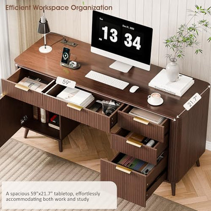 59" Fluted Executive Desk with 5 Drawers & Charging Station,Walnut, view 6