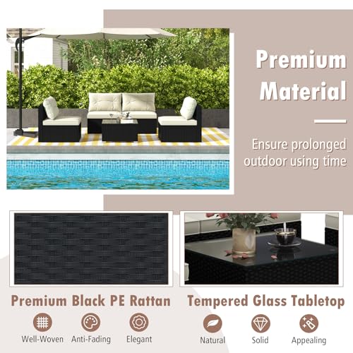 5 Piece Rattan Sofa Set, Patiojoy Outdoor Wicker Furniture Set with Seat & Back Cushions, Square Coffee Table, Patio Sectional Sofa Set for Backyard, Poolside, Garden