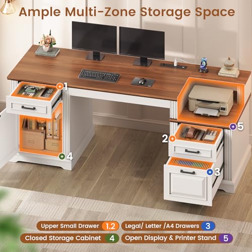 Farmhouse Executive Desk, 62'' Home Office Desk with File Drawers, view 6